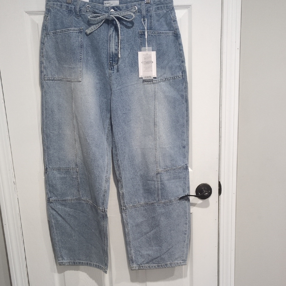 Oneso Light Wash Denim Drawstring Utility Pants Mid Rise Barrell Jeans NWT